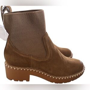Dolce Vita Ribbed Knit Cognac Suede Ankle Lug Boots